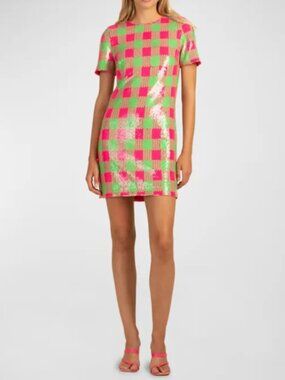 Trina Turk Lupine Short-Sleeve Plaid Sequin Mini Dress Hot Pink and Green 10